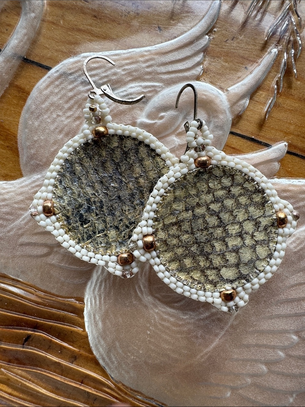 Salmon Skin White & Gold Beaded Earrings - Indigenous Alaska Native Creator